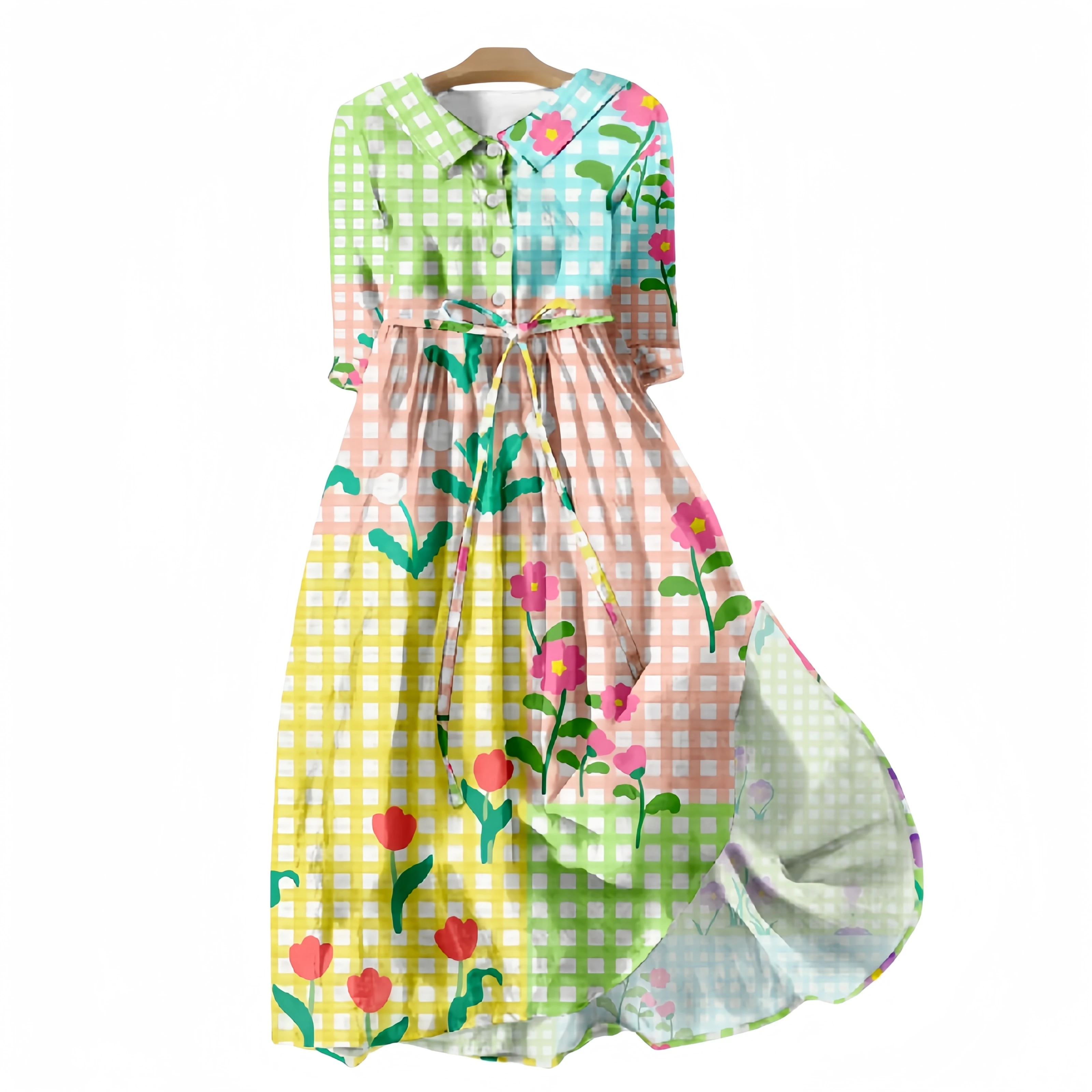 Girls V-neck Dresses With Lapel Waist Strap Mid-length Sleeve Skirts Flower Floral Dress Field Style