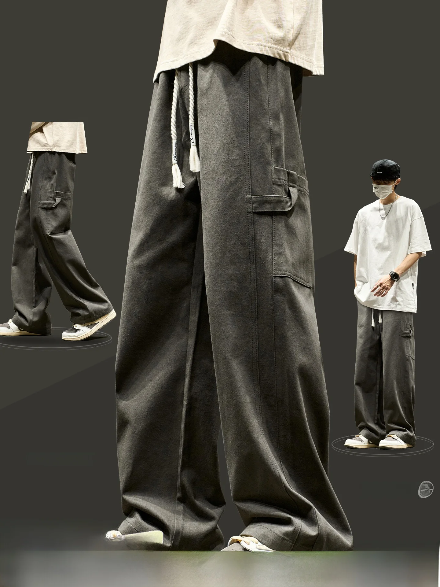 

Мужские рабочие брюки из чистого хлопка в стиле ретро, летние повседневные прямые брюки свободного кроя с эластичным поясом, модные длинные прямые брюки-трубы