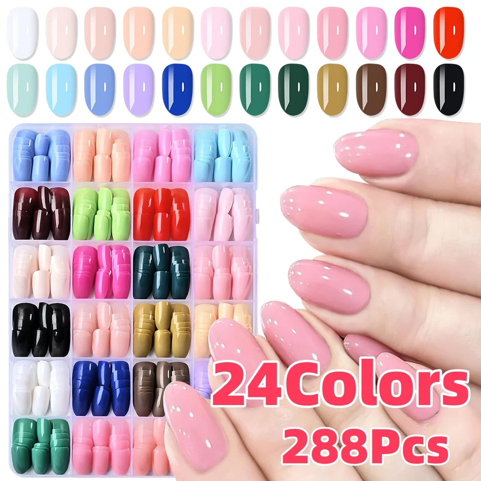 24 colores (288 uñas) uñas postizas cortas ovaladas, brillantes, color sólido, para manicura DIY 2