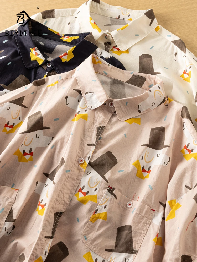 

New 2026 Summer Women Cotton Short Sleeve Shirt, Turn-down Collar Cartoon Print, Mori Girl Preppy Style Loose Blouse T65724CC