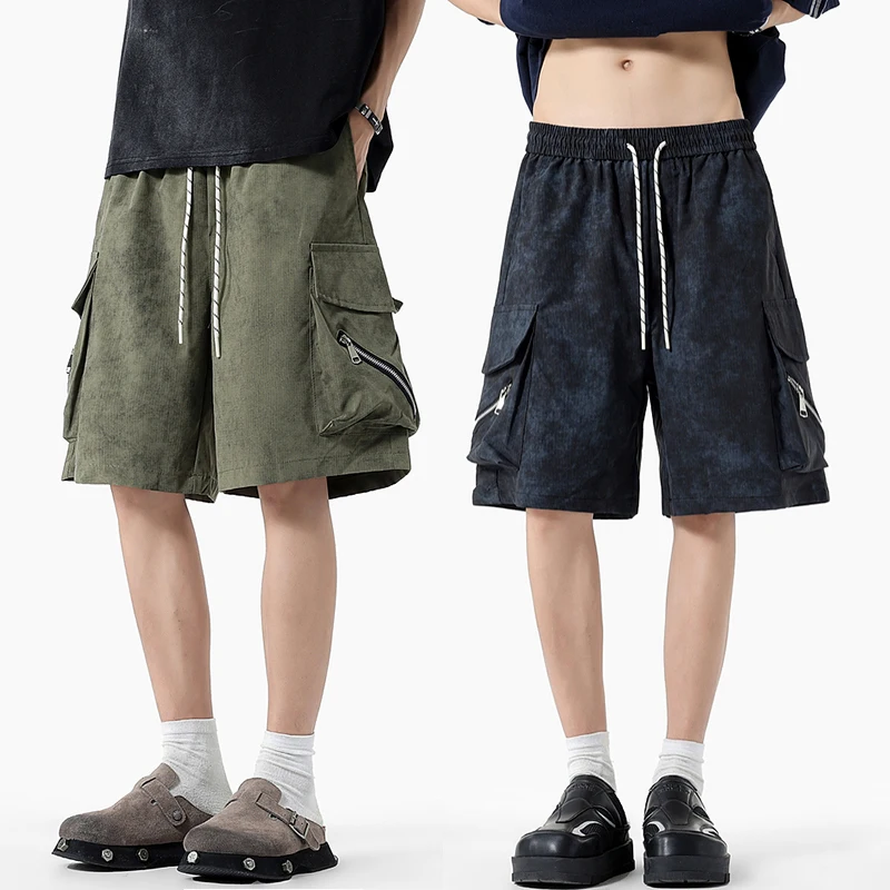 

Мужские летние тонкие шорты-карго с большим карманом, брюки с эластичной резинкой на талии, модные повседневные свободные шорты, уличные трендовые пятые брюки