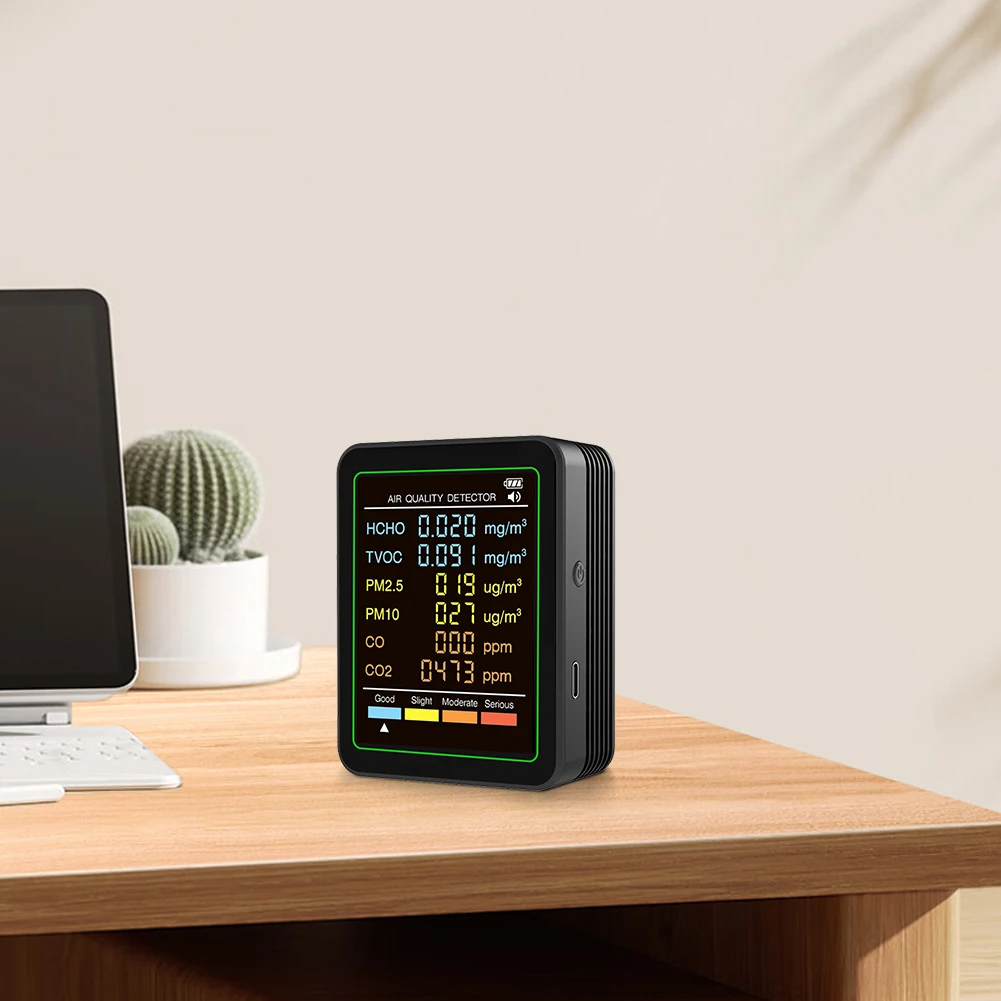 جهاز مراقبة جودة الهواء 6 في 1 في الوقت الحقيقي، جهاز اختبار جودة الهواء، كاشف درجة الحرارة والرطوبة المحمول للمنزل والمكتب والمدرسة #4