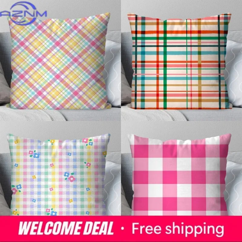 Home Decor Colorful Plaid & Floral Patterned Pillow Covers Pattern Cushion Cover Suitable For Sofa Bedroom Car Pillow Cover