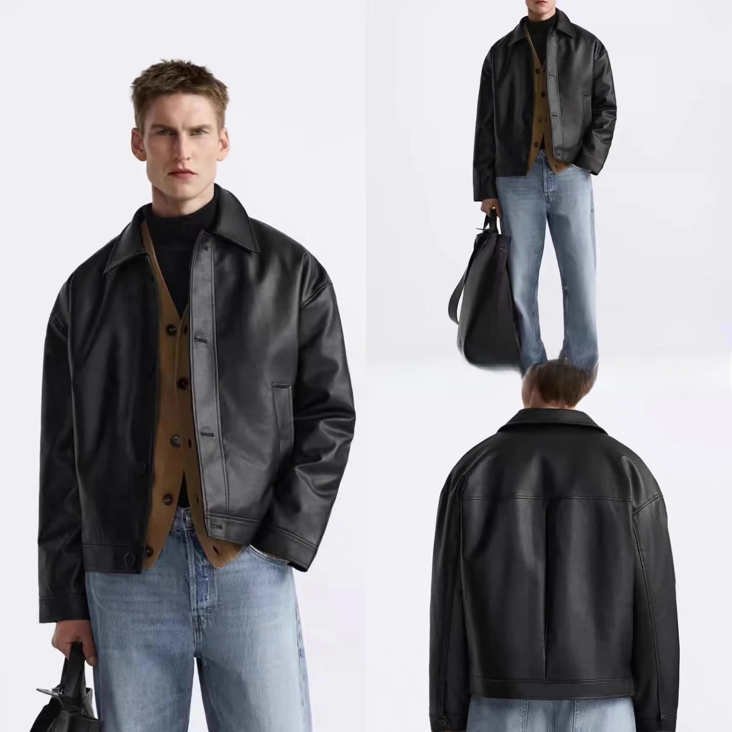 

Мужская повседневная куртка из искусственной кожи с воротником, весна 2024, новинка, приталенный крой, длинный рукав, молодежный тренд