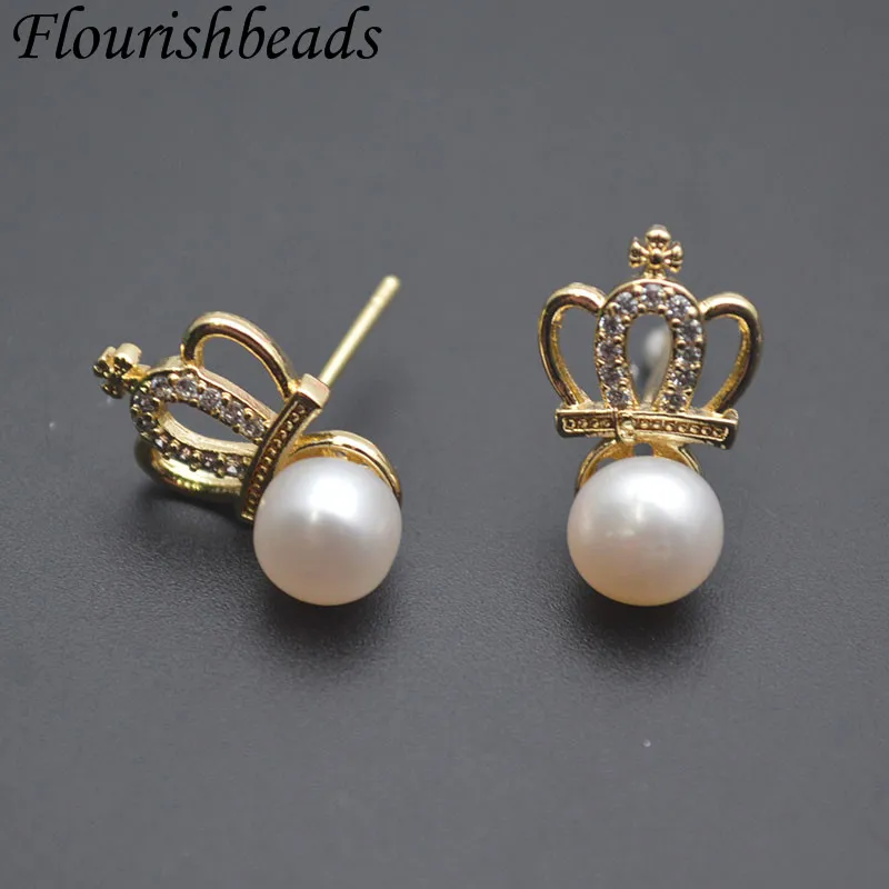 

Crown Shape Stud Earrings Accessories DIY Pearl Half Hole Beads Jewelry Findings Metal Copper Earwire 30pcs/lot