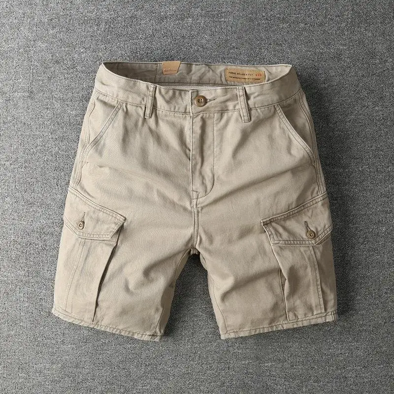 American Style Heavyweight Pure Cotton Workwear Shorts Men's Ameika Casual Retro Multi Pocket Five-Quarter Mid-Pants