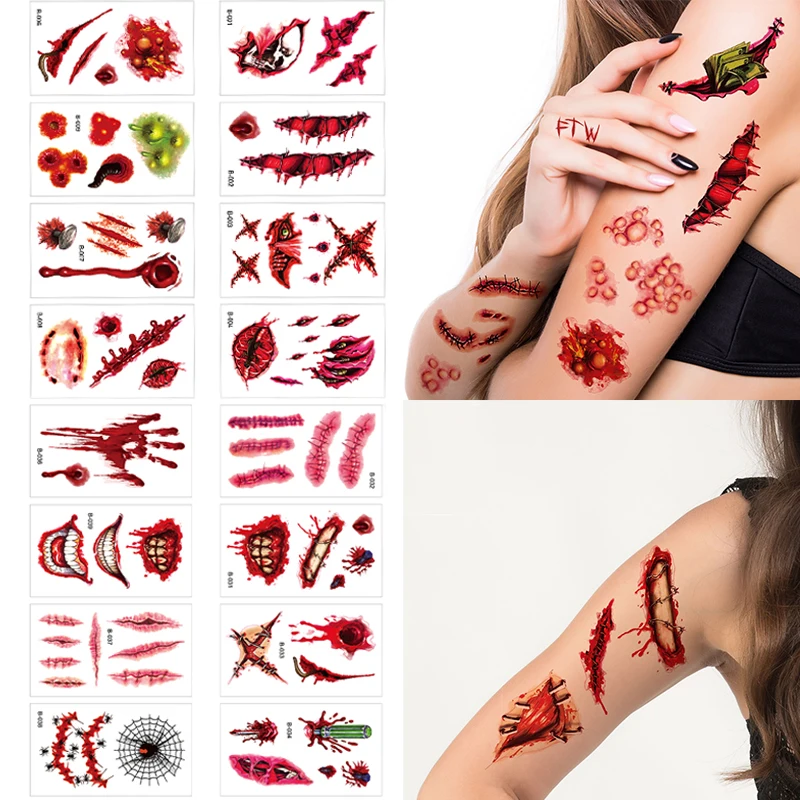 

Halloween Bloody Wound Tattoo Sticker Horror Stitch Scar Scab Fake Wound Waterproof Temporary Face Makeup Halloween Party Decor