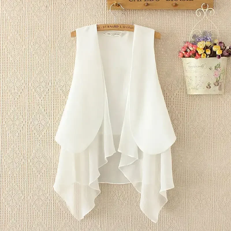 

White Chiffon Vest Female Thin Summer New Fashion Slim Joker Sleeveless Vest Outside Med-long tank top sun-proof cardigan E132