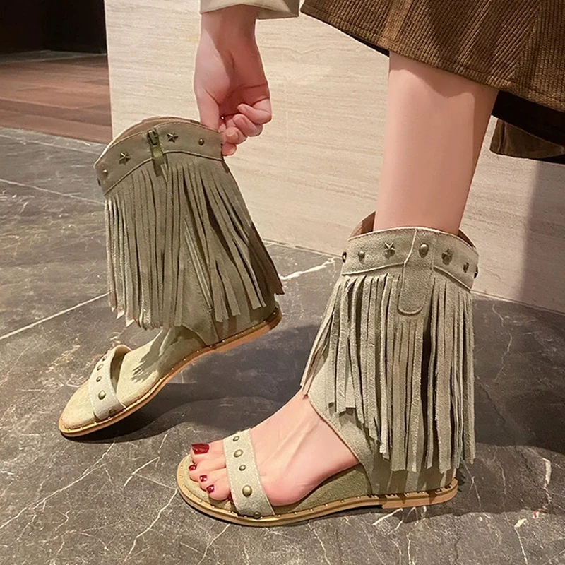 

Brown Open Toe Wedge Fringe Sandals Woman Summer 2025 Apricot Round Toe Side Zipper Summer Boots Fashion Woman's Shoes
