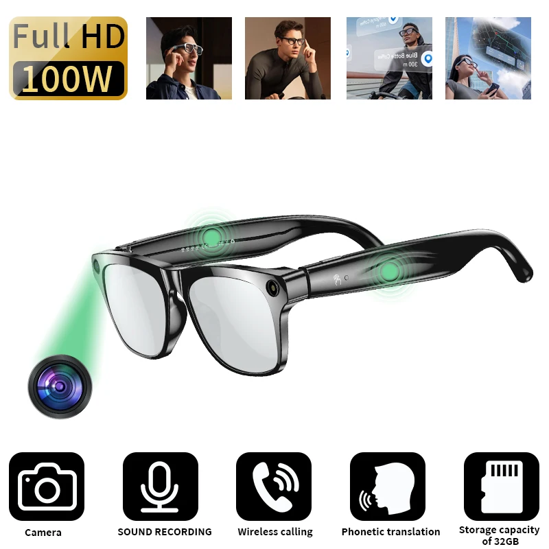 

Умные очки для камеры LIGE, 100 Вт, запись видео, AI, распознавание фотографий, перевод ответов, 260 мАч, водонепроницаемые очки для звонков с Bluetooth