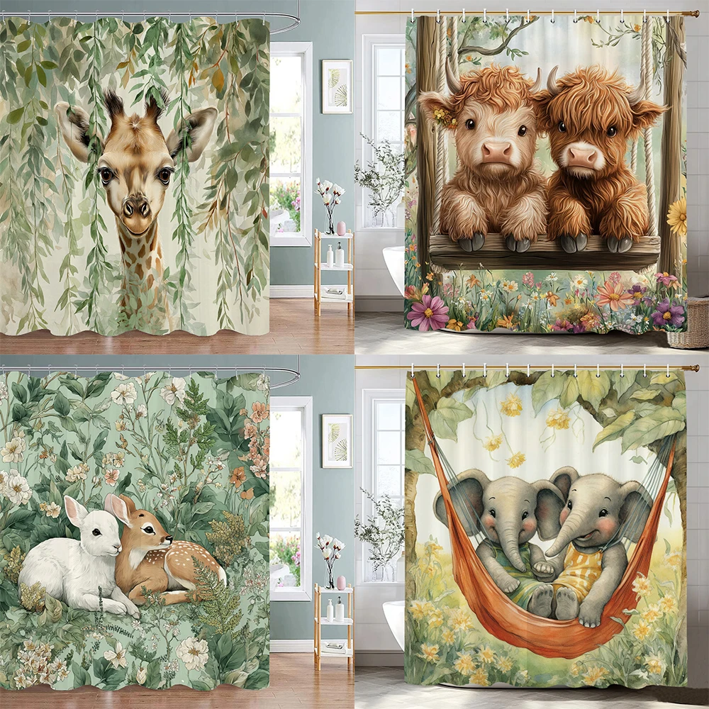 

Cartoon Animal Dog, Rabbits and Flowers and Plants Shower Curtain, Bathroom Decorative Shower Curtain, Home Curtain with Hooks