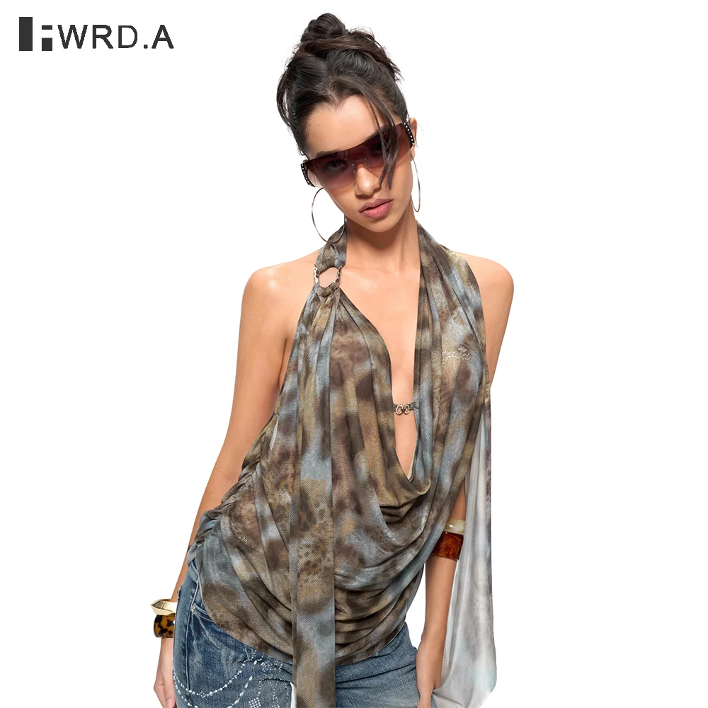 

FWRD 2025 New Blue Brown Leopard Print Cowl Neck Loose Fit Backless Camisole Top For Women Sexy Y2K Hot Girl Streetwear#FWRD6005