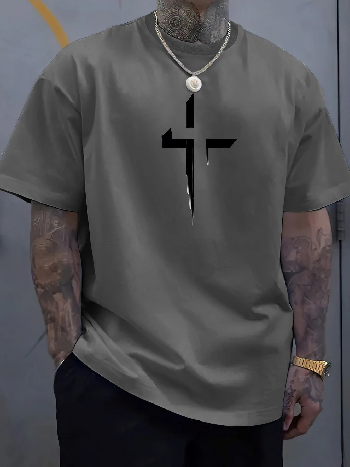 Summer men\'s 100% pure cotton casual loose plus size Cross Creative printed sports comfortable round neck short sleeved T-shirt