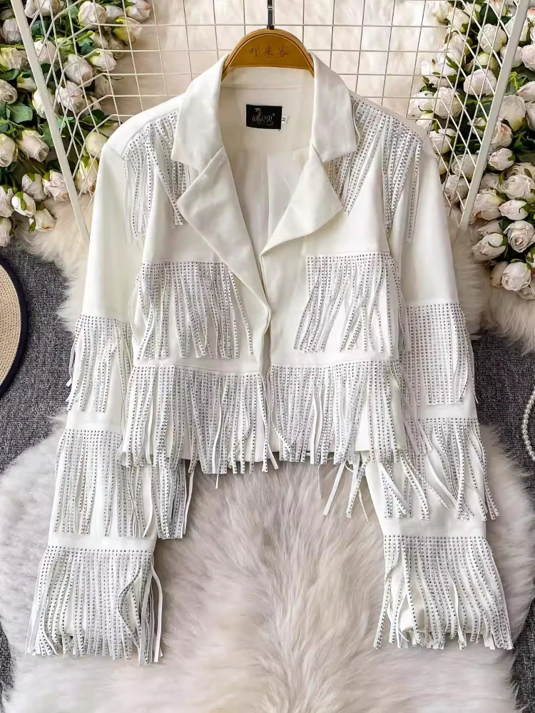 

Womens Cropped Jackets High Quality Hot Drilling Tassel Suit Collar Coat Cardigan 80s Hippie Western Cowgirl Costume Outerwear
