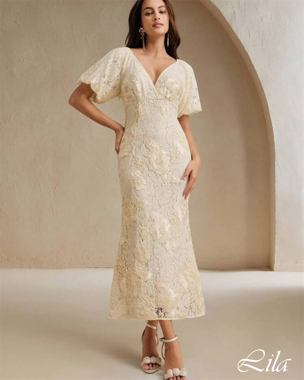 Customized V-Neck Short Sleeves Prom Dress Straight Tea Length Simple Homecoming Dress Appliques White Modern Evening Dress