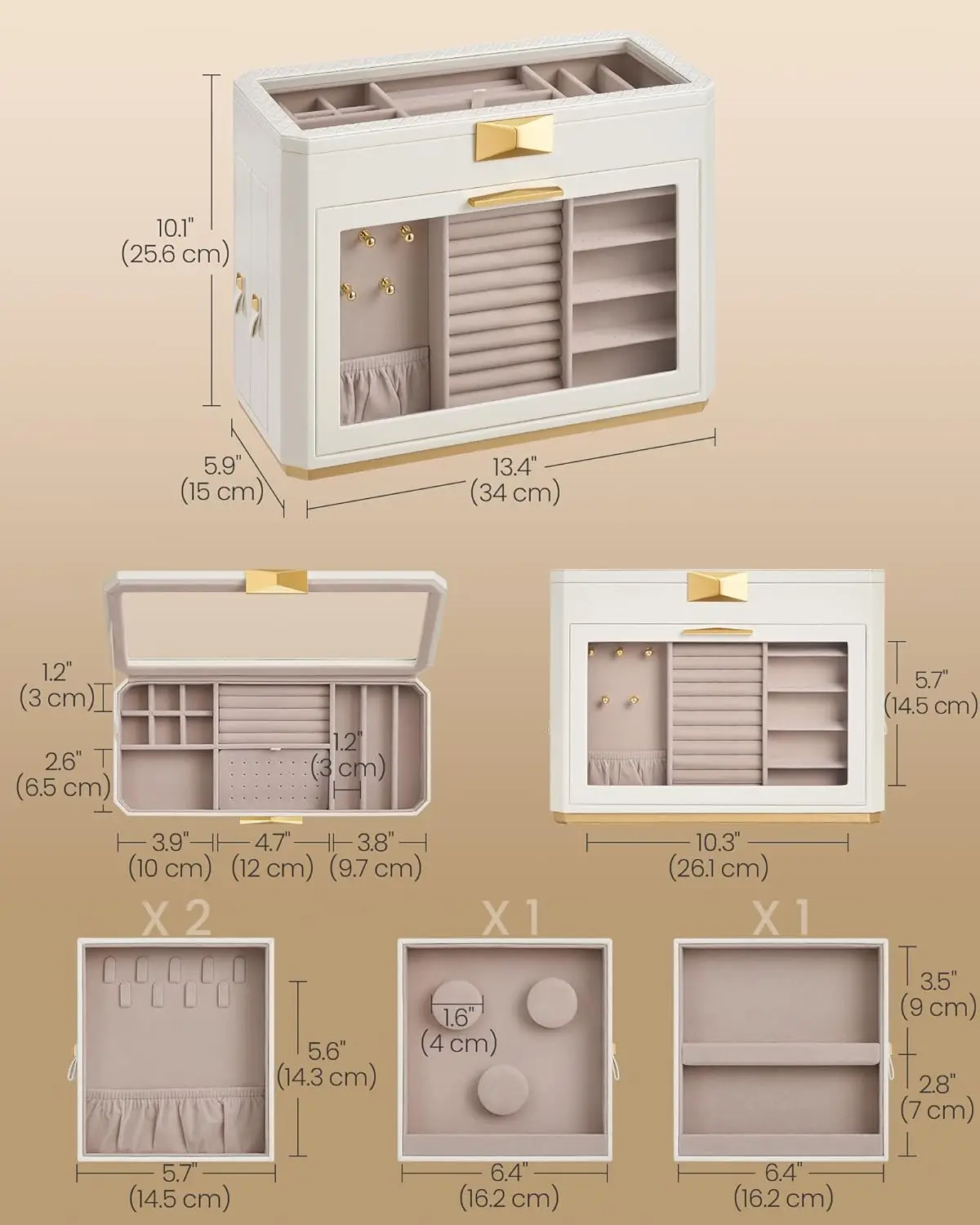 Large Jewelry Organizer with Glass Windows, 4 Drawers, PU Leather, Velvet Lining, Gift Box in Cloud White
