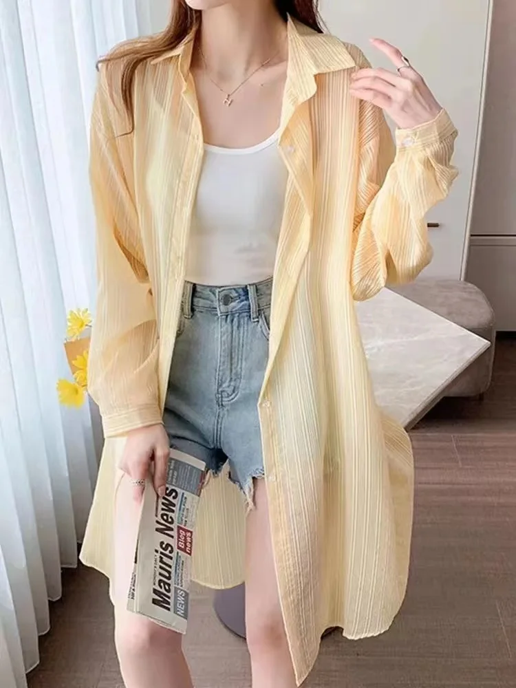 Zomer high-end een chiffon dameszonbeschermingskleding met riemvest top Koreaanse sle-kraag lange Sve losse pasvorm