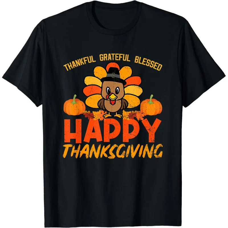 Grateful Blessings Happy Thanksgiving Pumpkin Turkey Pattern Printed T-shirt