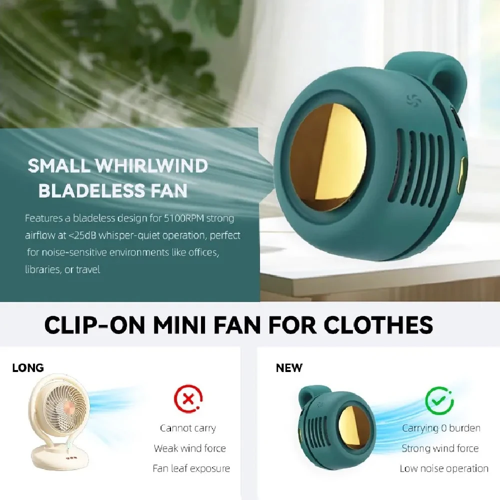 Portable Bladeless Clip On Fan Mini USB Rechargeable 3 Speed Silent 360° Adjustable Hands-Free Wearable Fan for Travel Office