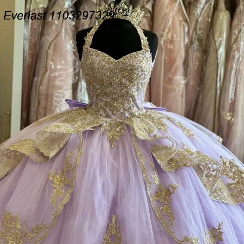 EVLAST-Vestido Quinceanera de Lavanda Brilhante, Applique Dourado, Cabresto Beading, Espartilho, Sweet 16, TQD500, 15 Anos