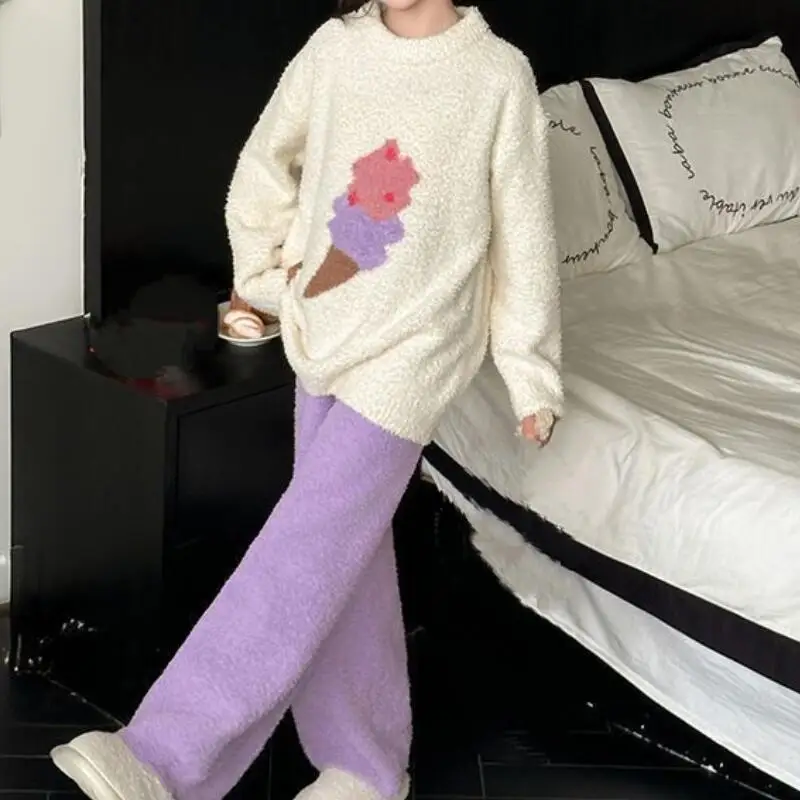 Kawaii فتاة موضة بيجامة مجموعة طالب الشتاء الدفء عادية الفانيلا رشاقته القمم السراويل الطويلة 2 قطعة مجموعة ملابس الأطفال #6