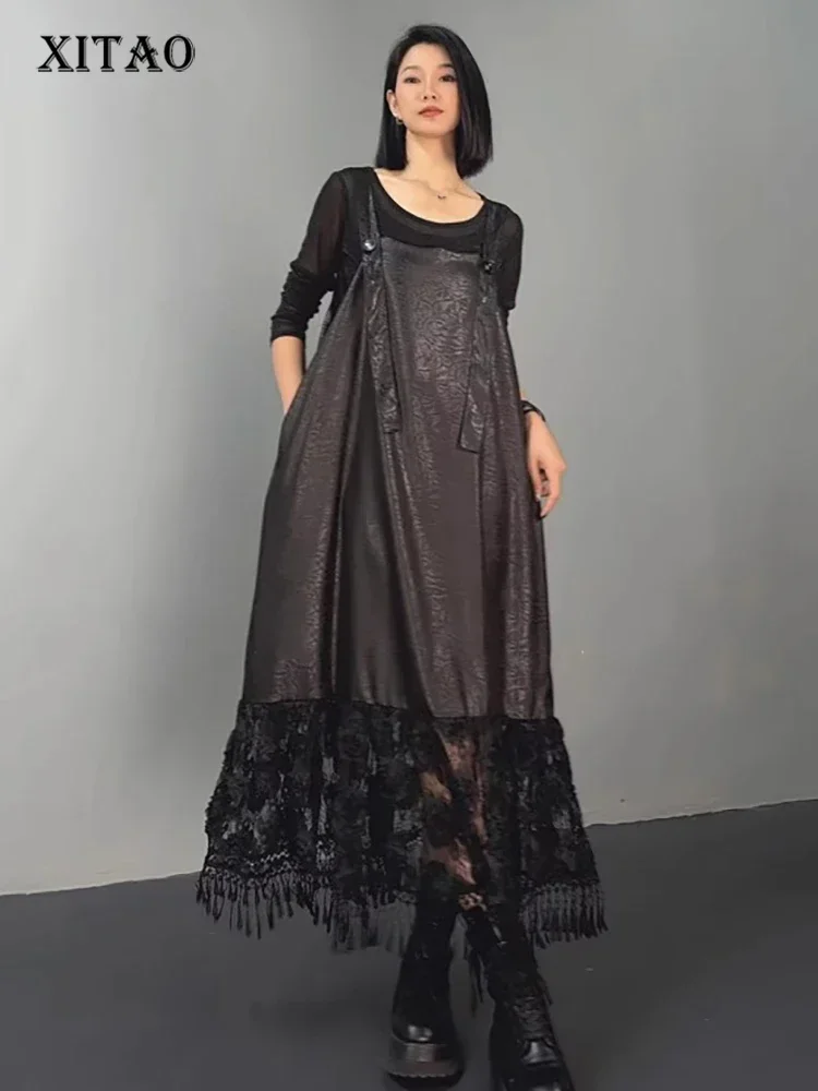 

XITAO Lace Tassel Three-dimensional Decoration Dress Spaghetti Strap Square Collar Pullover Slimming Dresses 2025 Spring LJ1023