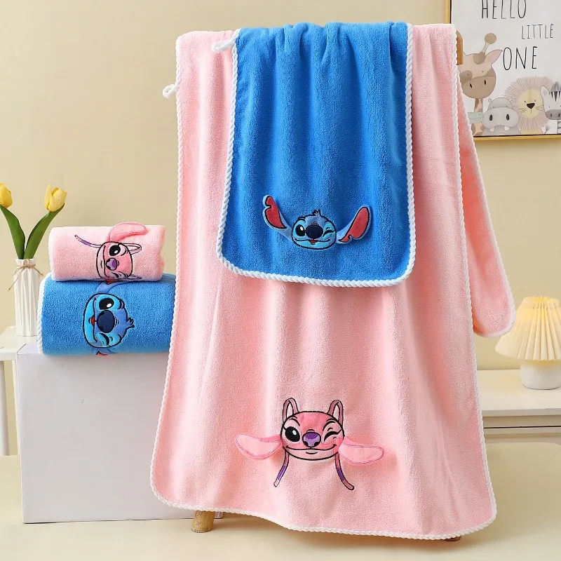 Disney Stitch Angel Bath Towel Set Creative High Value DIY Cartoon Embroidery Printed Couple Soft Absorbent Quick Dry Face Towel