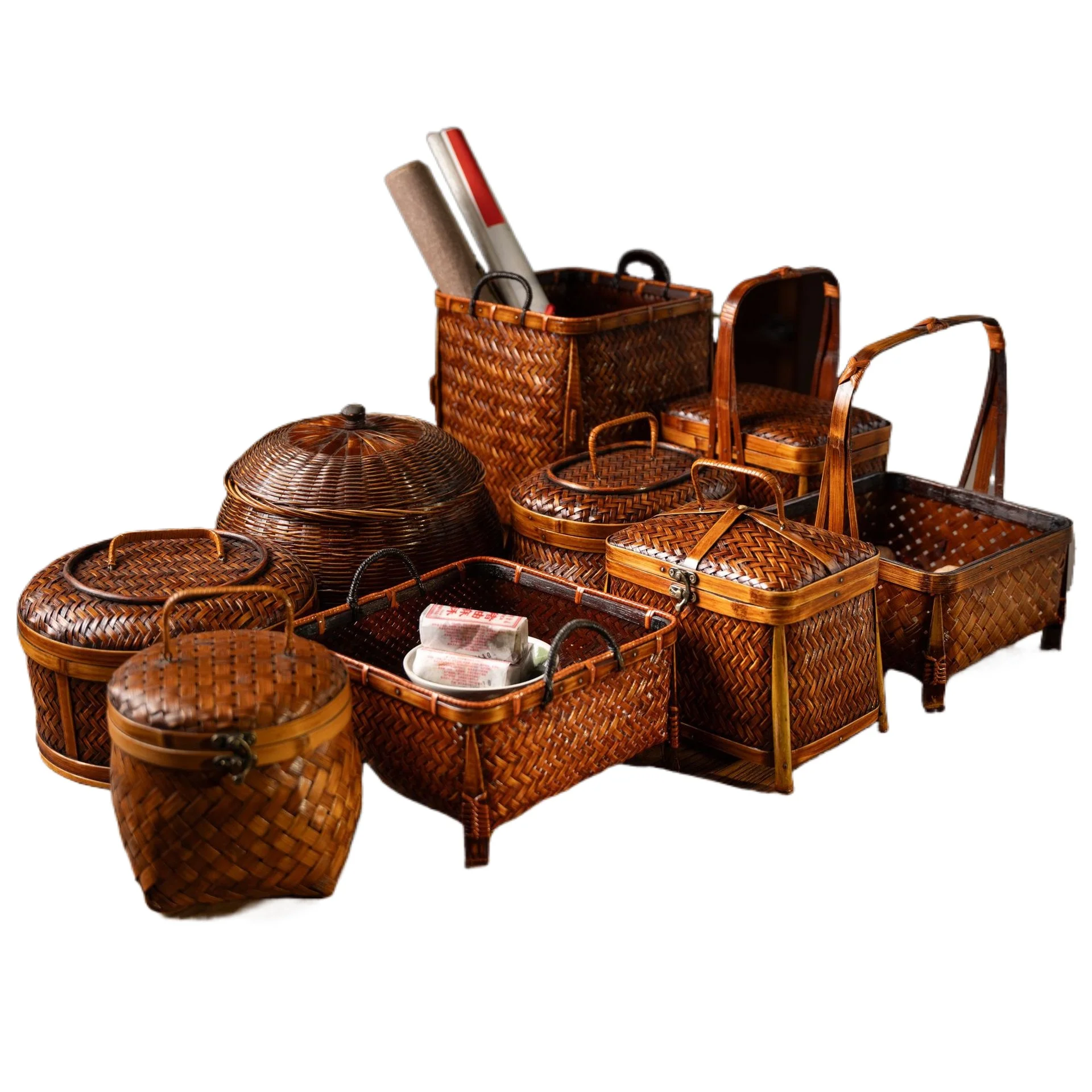 

Vintage Handmade Bamboo Storage Basket Retro Tea Set Organizer Rustic Tea Ceremony Box Bamboo Woven Basket for Home Decoration