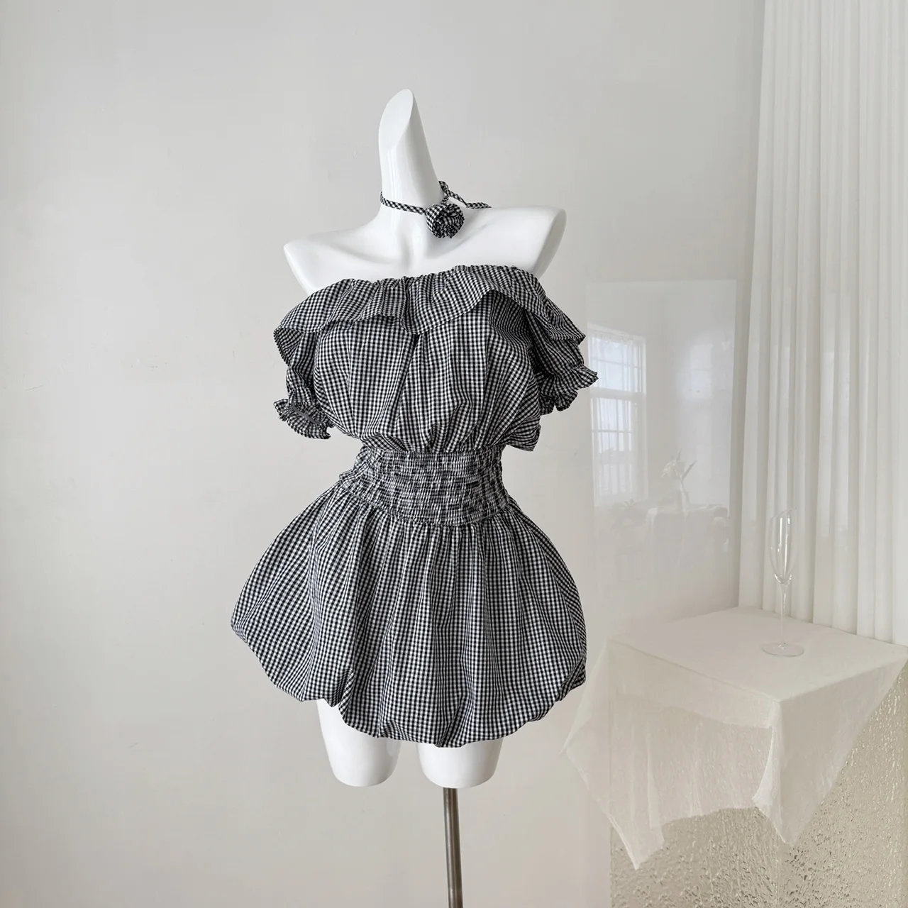 

Women Vintage Sexy Style Black White Plaid Striped Off Shoulder Puff sleeve Mini Dress Coquette Cutecore Shoujo Girl