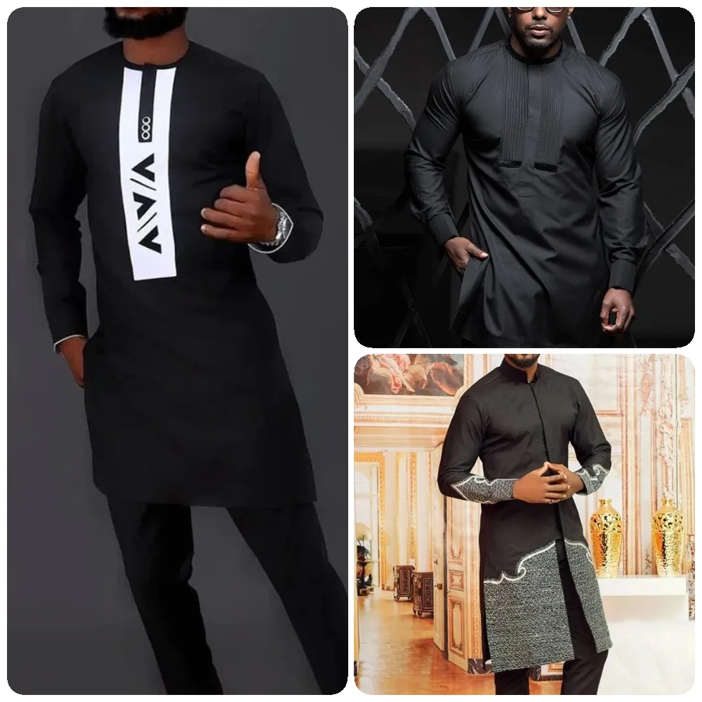 African Men's Tops and Bottoms 2 Pieces Outfit Set For Men No Cap Shirt Pants Suit Long Sleeves Shirt Chemise Homme 2022 Summer