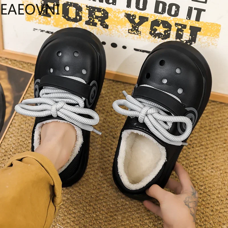 Slippers Men's Home Couple Slipper Velvet Thickening Home Cotton Shoes Round Toe Slip-on Anti-slip EAEOVNI New Style Male Shoe