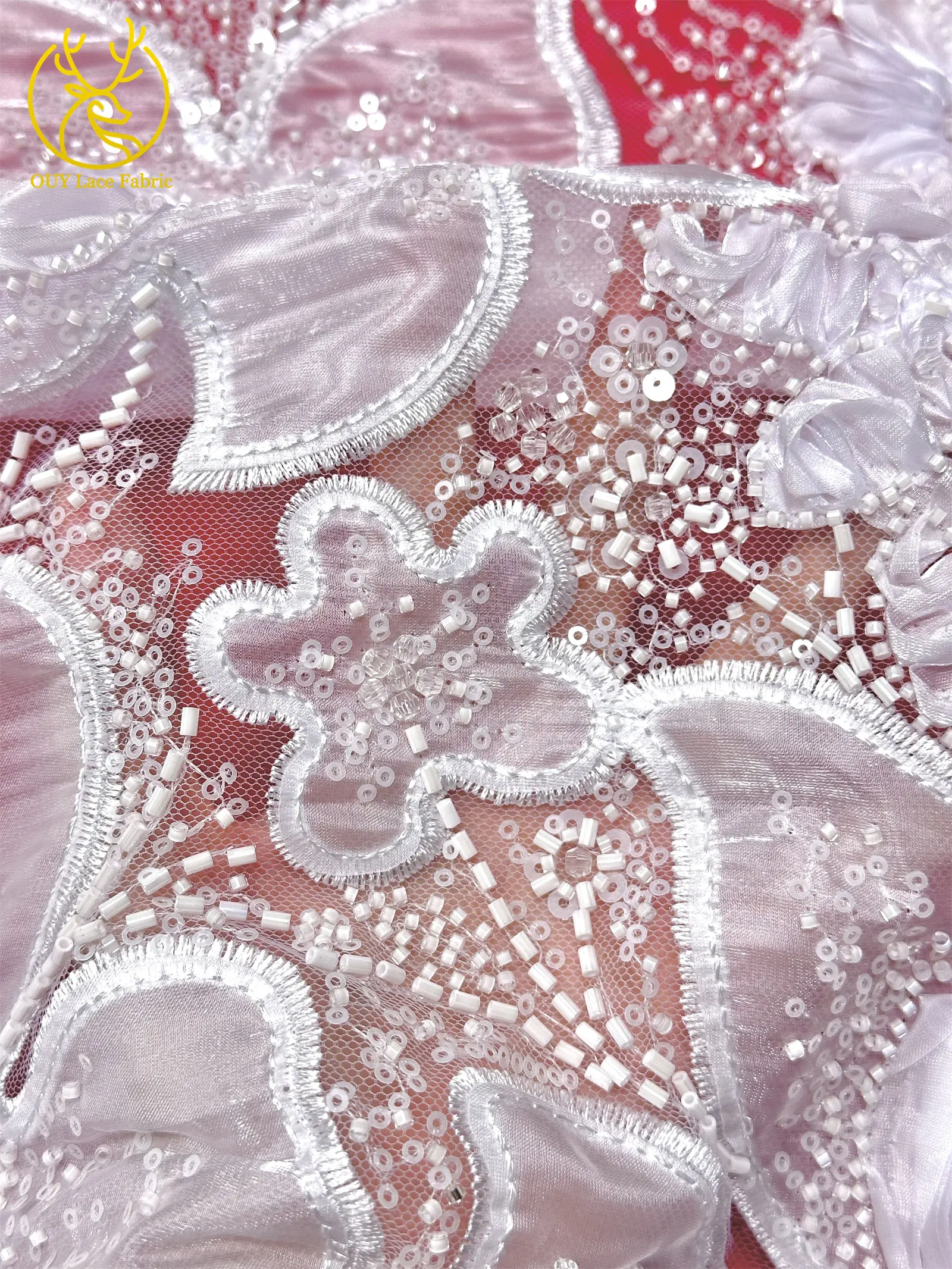 3D-Blumen-Tüll, afrikanischer Spitzenstoff, eleganter französischer nigerianischer Perlen-Pailletten-Mesh-Spitzenstoff für Damen, Hochzeitskleid-Design-Stoff – Detail 12