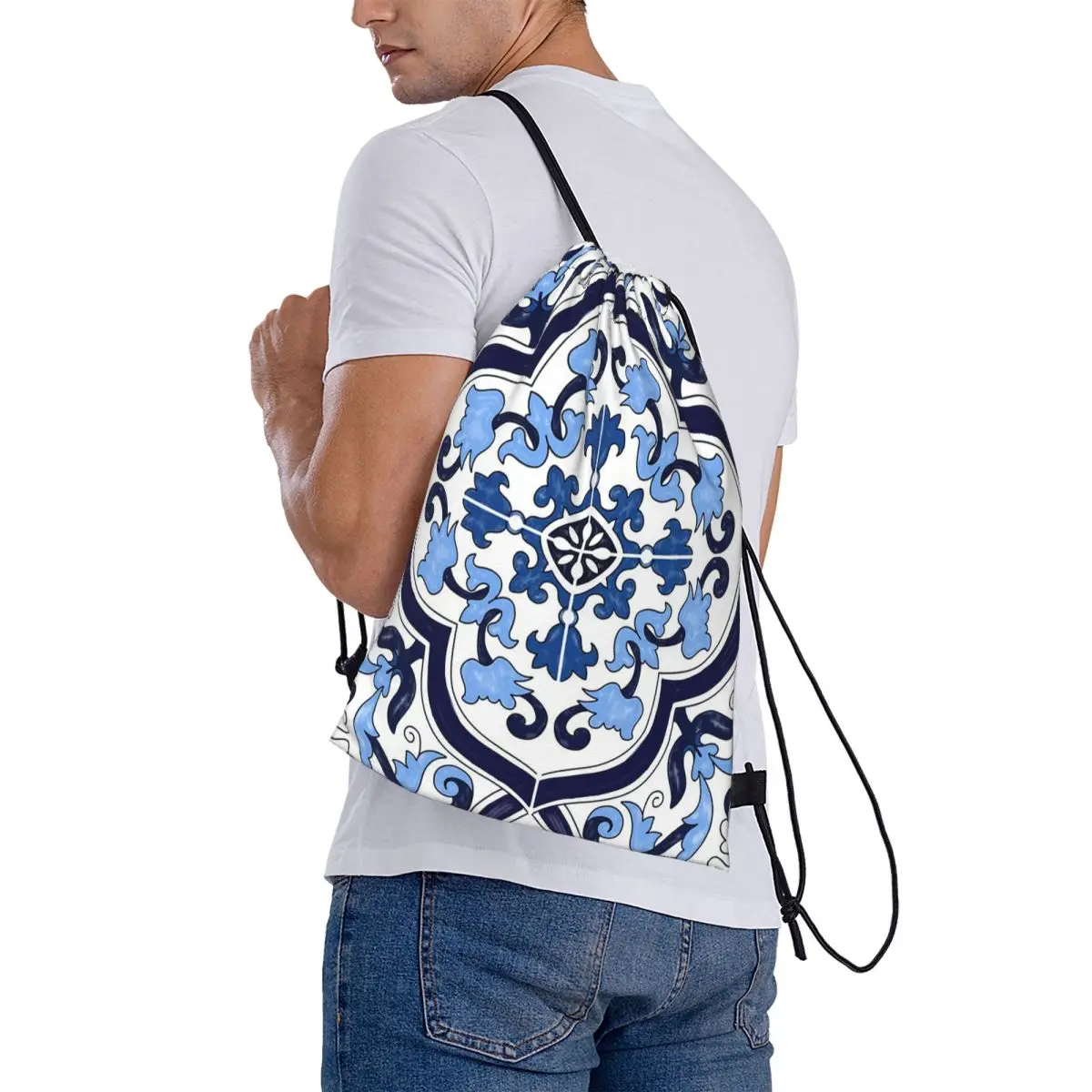 Blue Ornate Floral Mediterranean Sicilian Tile Backpacks Multi-function Drawstring Bags Shoes Bag Book Bags for Man