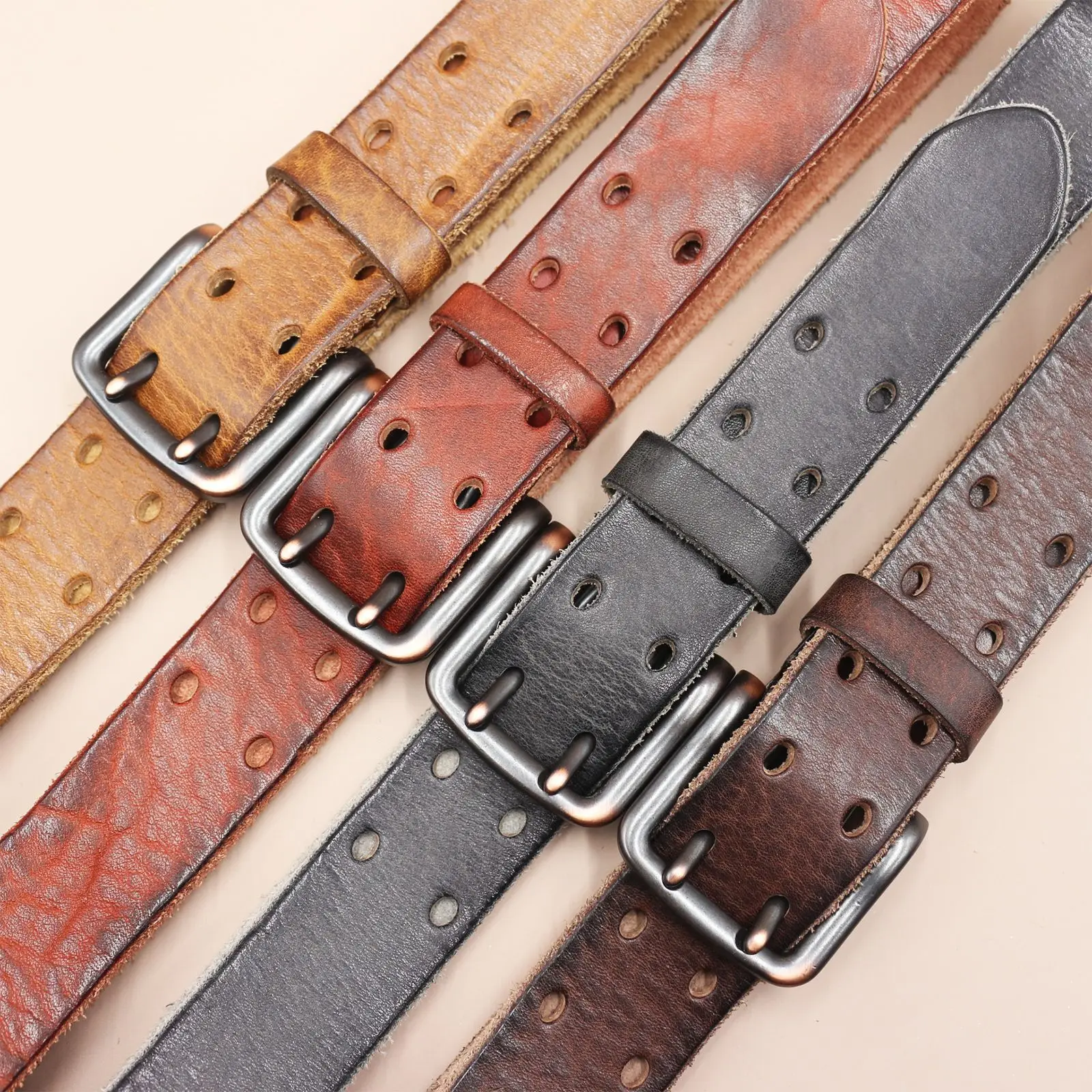 Vintage Thick Cowhide Men Belts Strap Luxury Full Grain Genuine Cow Leather Jeans Waist Belts Double Pins Buckle Ceinture Homme