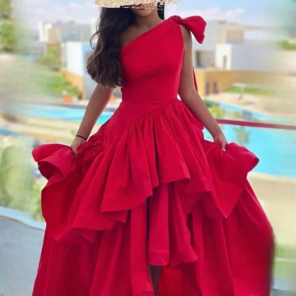 Customized Prom Dress Fashion One Shoulder A-line High Low Party Dresses Tea Length Sleeveless Ruched Taffeta Formal Ev