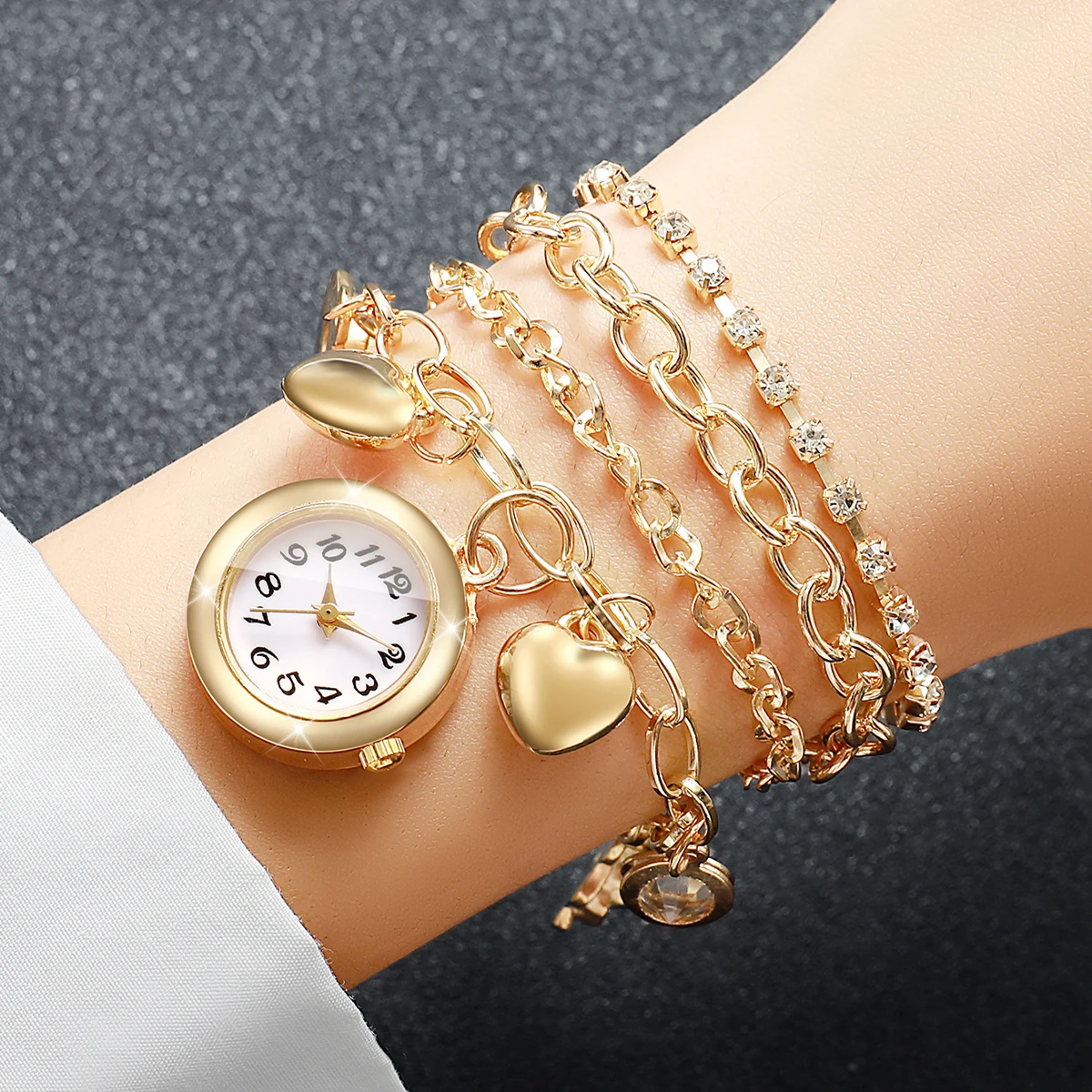 Fashion Multi‑Layer Bracelets Women Quartz Watch Heart Flower Charm Rhinestone Ladies Wristwatches Relogio Feminino（Without Box）