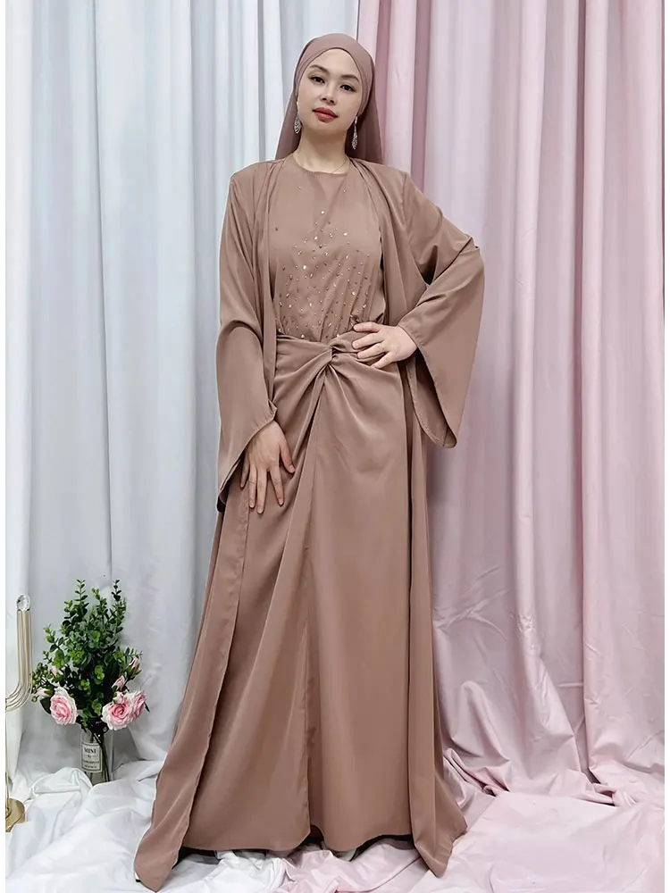 Beaded 3 Piece Muslim Matching Set Women Summer Open Abaya Sleeveless Maxi Dress & Tie Waist Skirt Dubai Turkey Modest Outfits