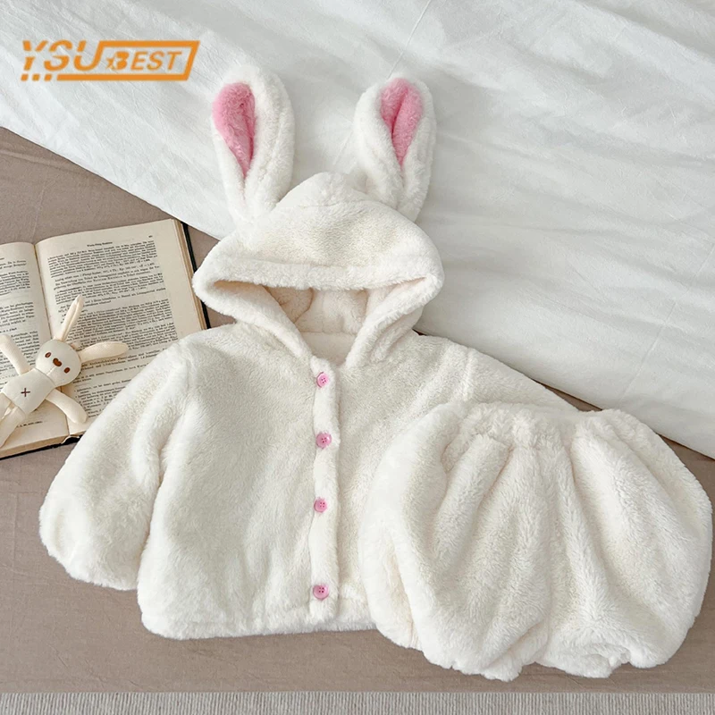 Infant Kids Baby Girls Long Sleeve Cute Rabbit Coat + Shorts Clothing Sets Winter New Kids Baby Girls Thicken Clothes Suit