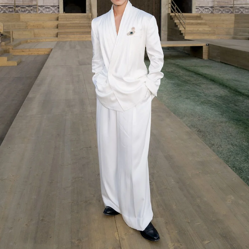 

White Loose Style Men's Suit Business Casual 2 Pieces Jacket Pants Work Commute Social Party Male Clothing