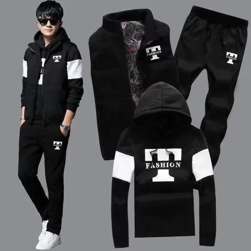 3 Pieces Set Hoodies+Vest+Pants Casual Men\'s Track Suit Clothing Coats Winter Thick Warm Tracksuit for Men Printed Mens Set Vest