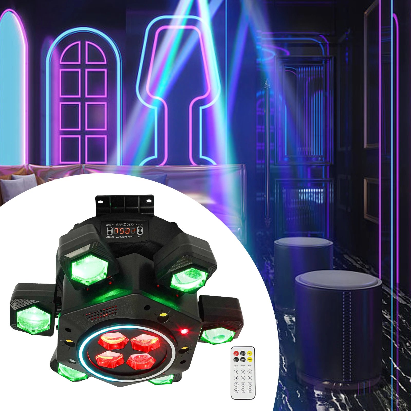 

120W RGBW Stage Light with Laser & Strobe, 25CH DMX512 Sound Activated Moving Head Light for DJ Party Bar