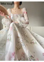 Summer Floral Print Dress Women Sexy French Style Vintage Party Midi Dresses Casual Korean Fashion Elegant Retro Dress 2024 New