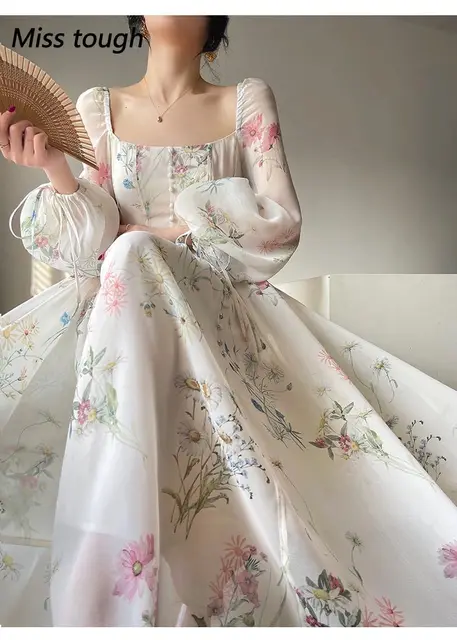 Letnie sukienka z kwiatowym nadrukiem kobiety Sexy francuski styl Vintage do kolan na imprezę sukienki na co dzień koreańska moda elegancka sukienka Retro 2024 nowość