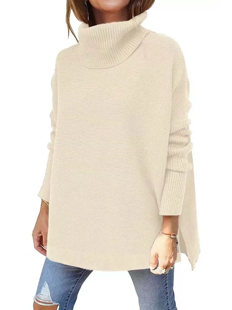 Autumn Winter Women Knitted Long Sweater Loose Oversized Turtleneck Batwing Sleeve Tunic Pullover Tops Jumpers