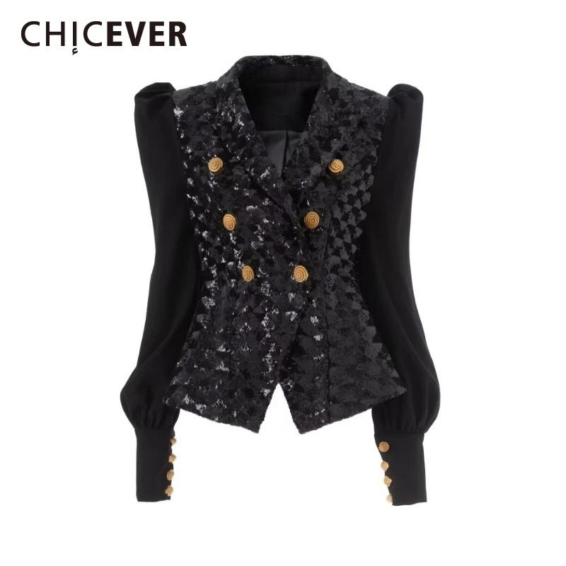

CHICEVER Black Spliced Sequins Jacket Female Lapel Long Sleeve Slimming Temperament Luxury Women's Jackets Autumn Fashion Style
