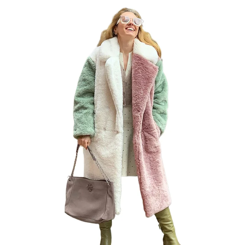 Faux Fur Long Coat Winter Women's Fashion Luxury Thickened Warm Colour Blocking Coat Y2k Vintage Tops Harajuku Lapel Elegant Fur