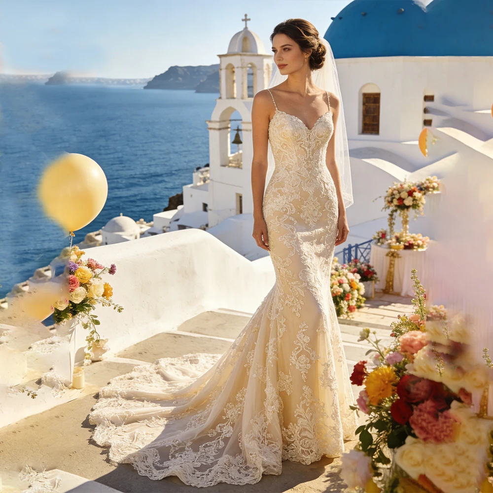 

Boho Lace Weddings Dresses Halter Sweetheart Mermaid Bride Dress Spaghetti Straps Beach Bridal Gown vestidos de novia Customized