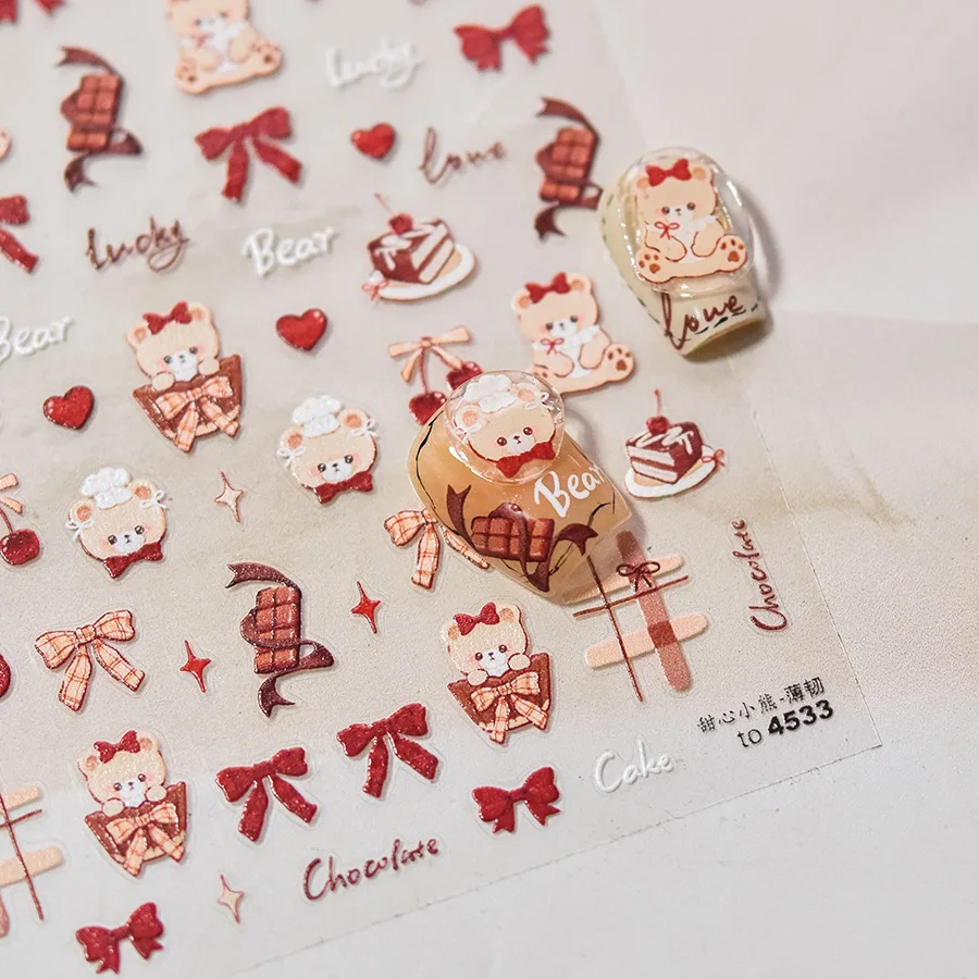

1pcs 5D Thin and Tough Nail Stickers Sweet Bear Cake Red Bows Nail Art Stickers Adhesive Cartoon Nails Decals Accessories DIY