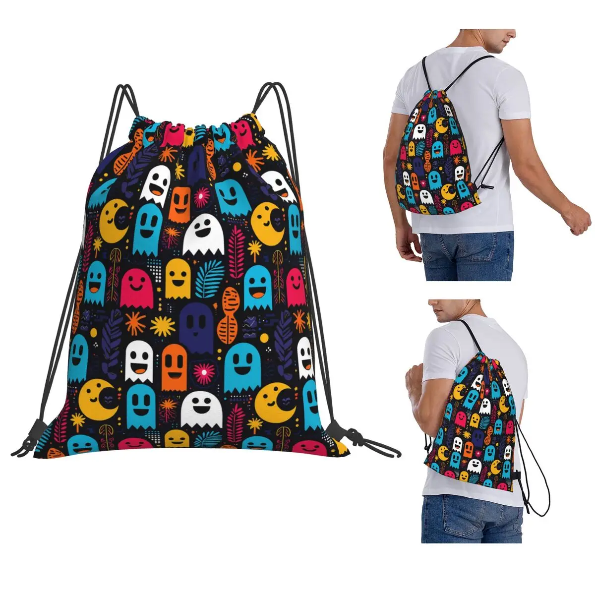 Tropical Haunt Colorful Ghosts And Jungle Leaves On Black Backpacks Casual Drawstring Bundle Pocket Storage Bag Book Bags Travel