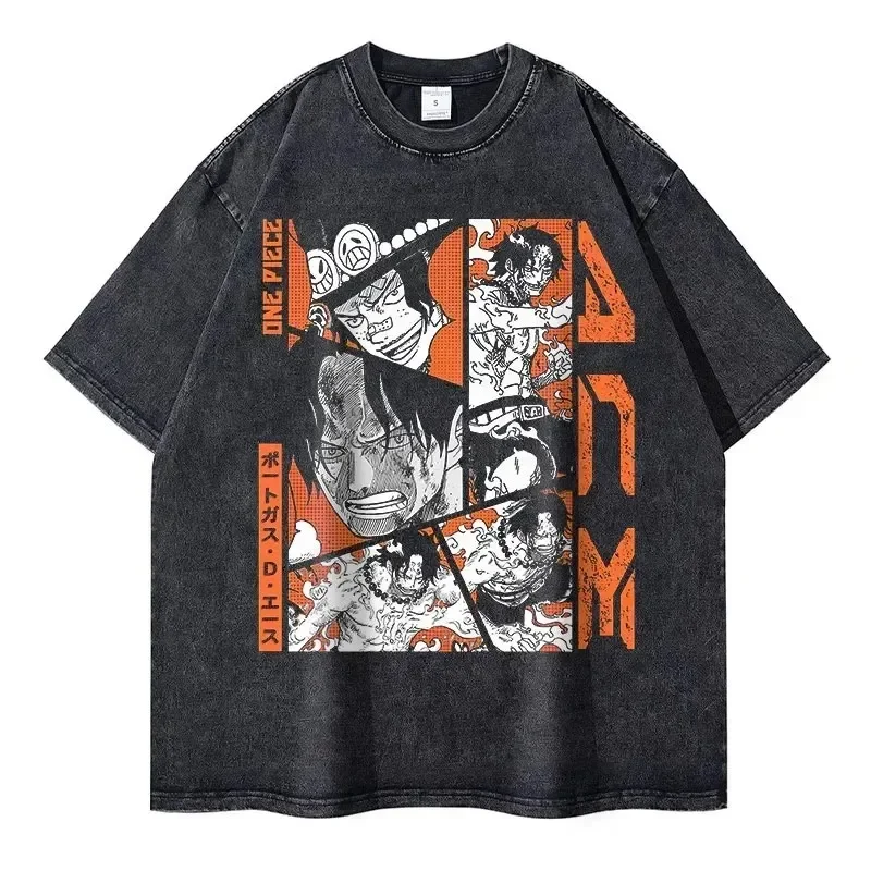 T-shirts for Men Vintage Washed Anime T Shirt Oversized Short Sleeve Manga Sabo Jinbe Luffy Ace Sanji Tops Tees Round Neck